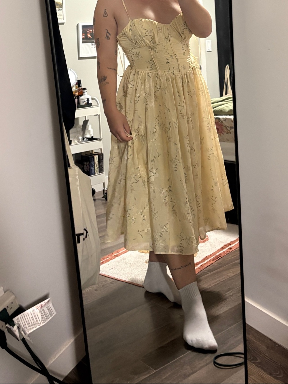 Yellow Floral Midi Dress with Sweetheart Bodice